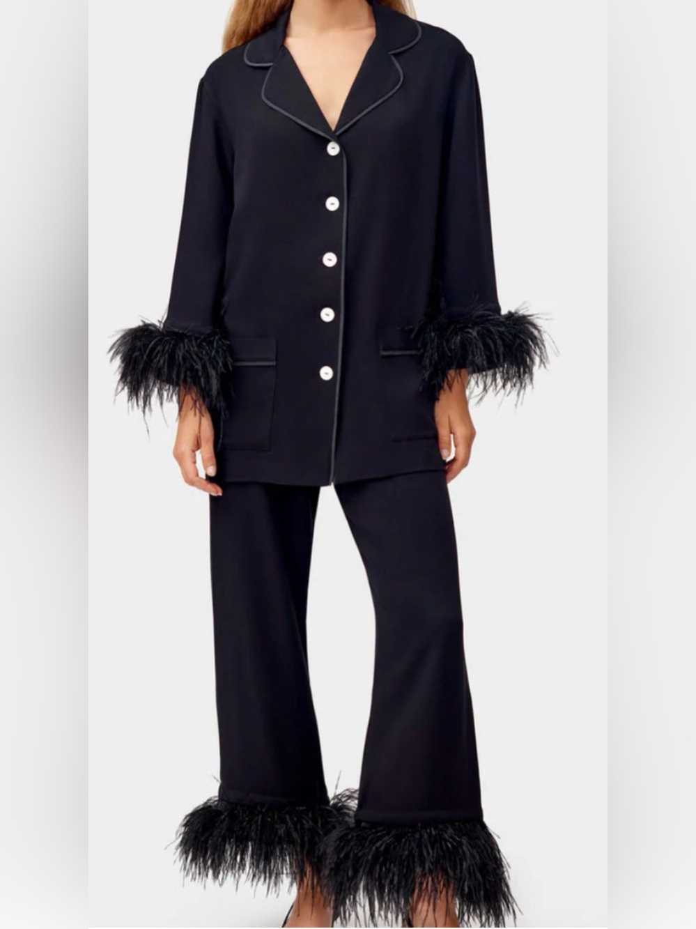 Sleeper Luxury Lounge Wear Set Ostrich Feather Trim Black Medium - Picture 9 of 9
